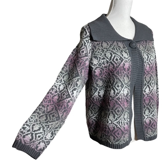 Cotton Blend Fair Isle Cardigan L Vintage VTG Ombre Collared Sweater Purple Gray - Picture 6 of 13